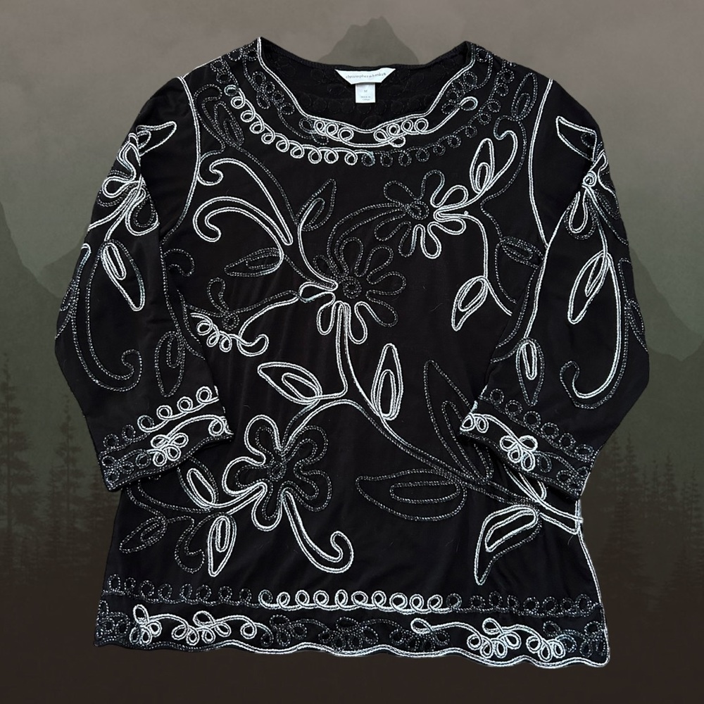Black Whimsigoth Boho Indie White Floral Embroidered Christopher & Banks Shirt